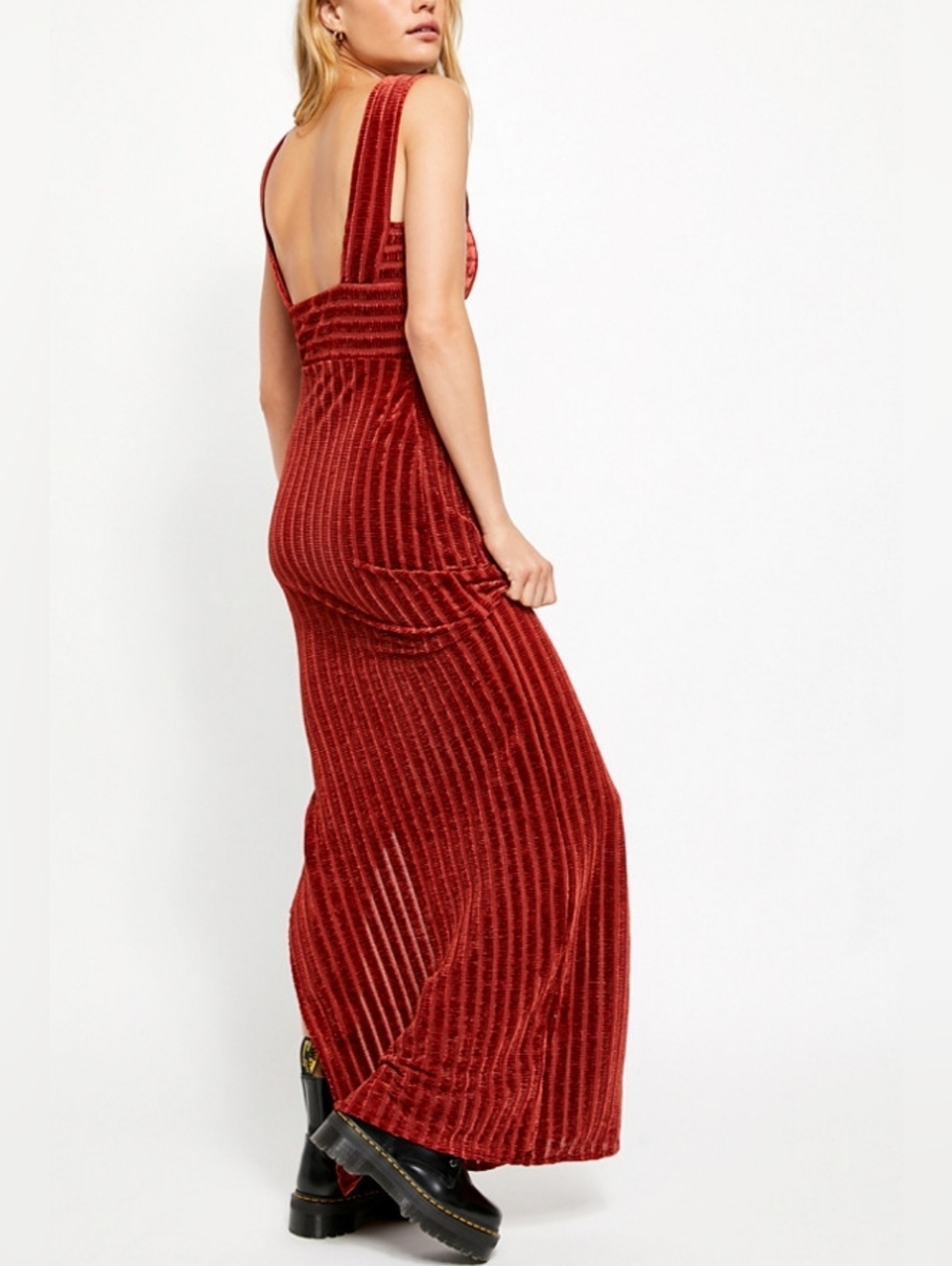 Free People Rust Velvet Maxi Knit Dress Square Neck Side Slit Medium - Picture 3 of 16